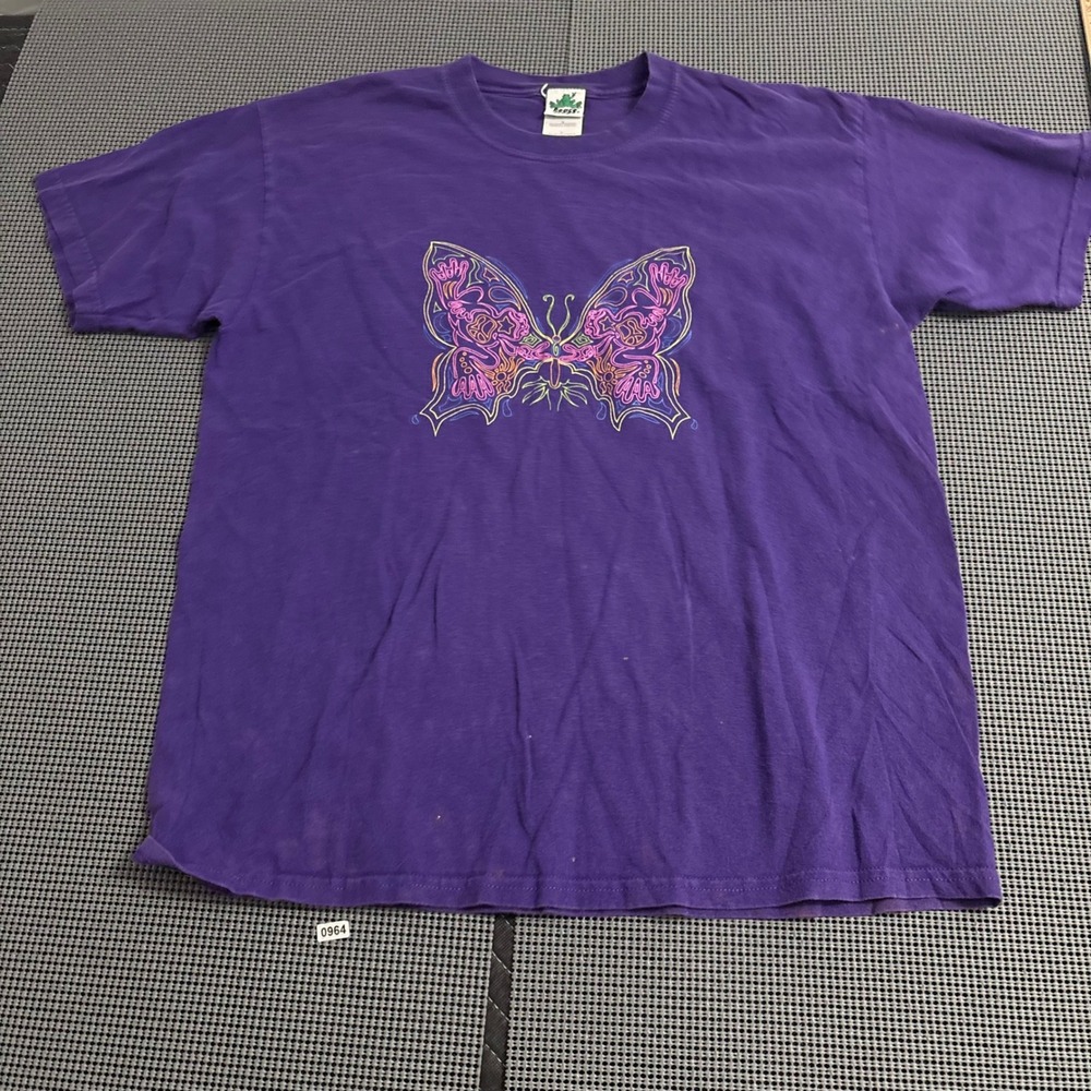 Peace Frogs Butterfly Frog Graphic T-Shirt Purple Large Neon Psychedelic Y2K Tee